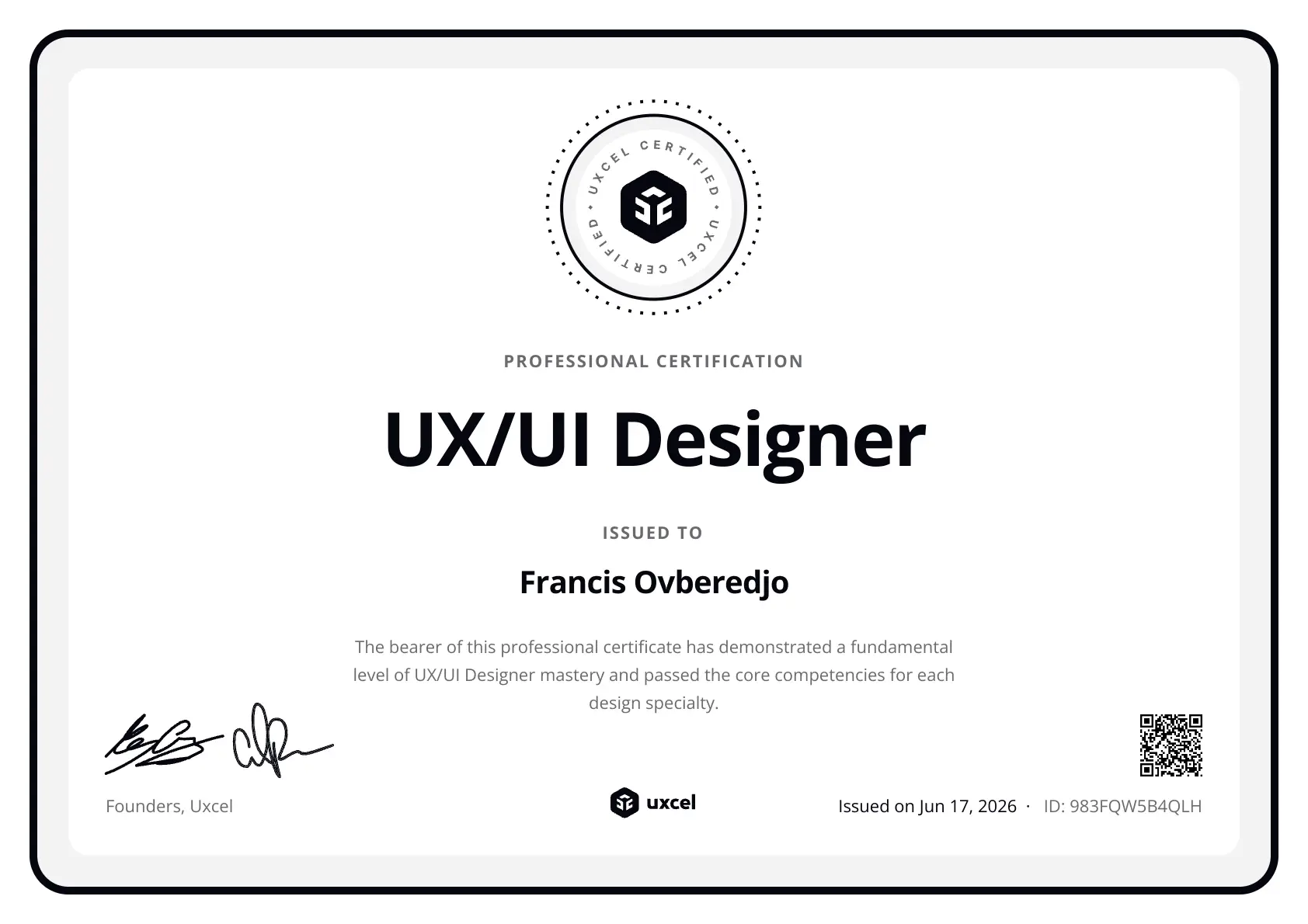 Francis Ovberedjo UX UI Designer Certificate from Uxcel